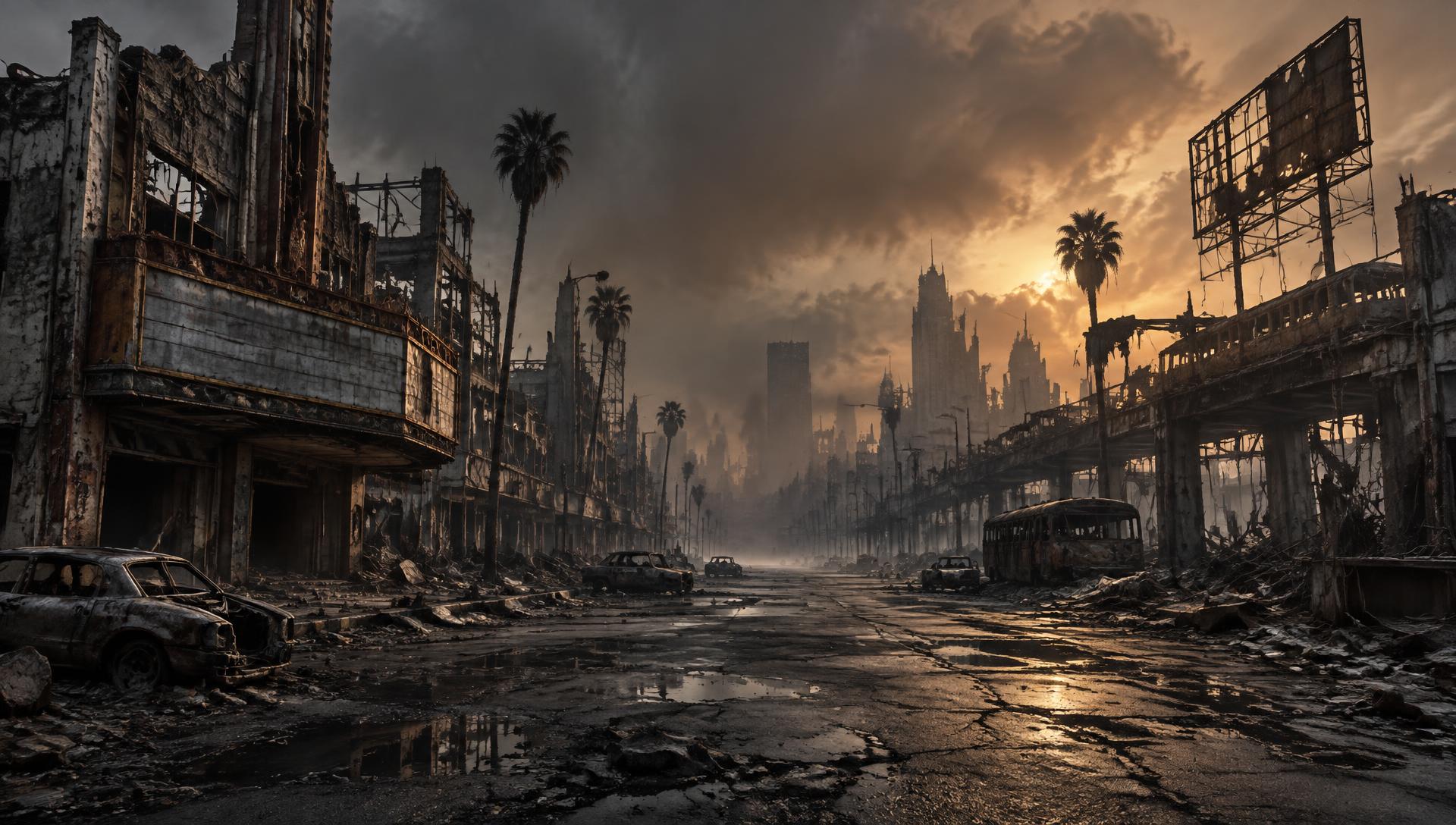 Ruined Hollywood boulevard at sunset